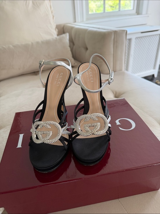 Gucci Shoes - Gucci Black Satin Crystal Double G Ankle-Strap Sandals with Silver Straps